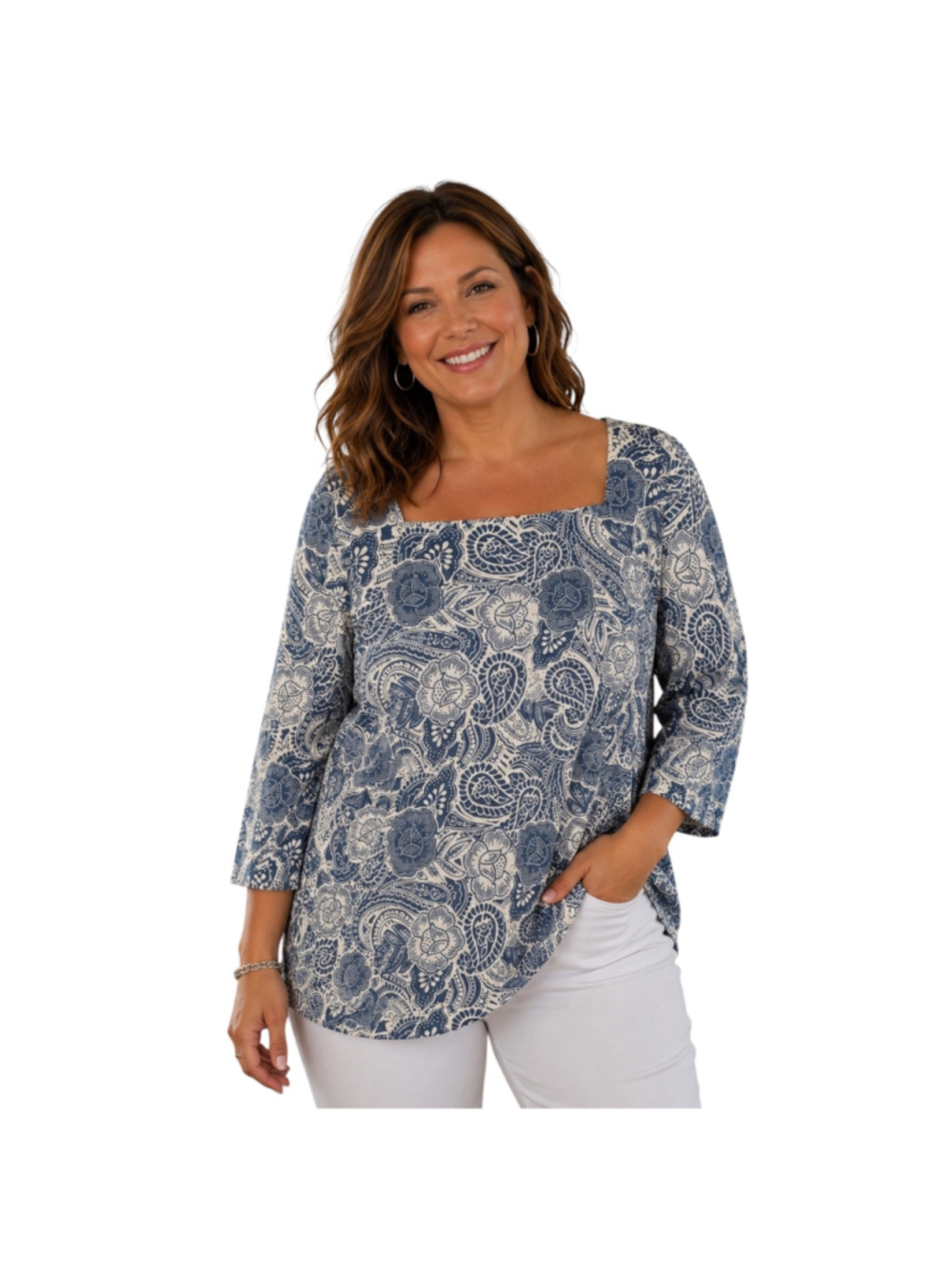 Chico’s Blue & White Paisley Floral 100% Cotton Tunic Top Women’s XXL (Chico’s S